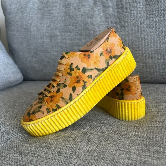 EUC PF16 Yellow Floral Platform Sneakers Size 6 Boho Grunge Creepers Chunky Sole - Picture 2 of 9